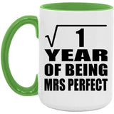 1st Anniversary Square Root of 1 Year of Mrs Perfect - 15oz Accent Mug Green