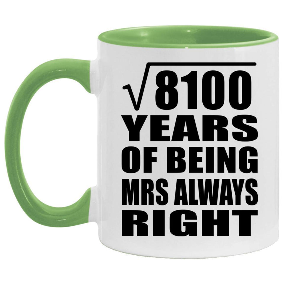 90th Anniversary Square Root of 8100 Years Mrs Always Right - 11oz Accent Mug Green