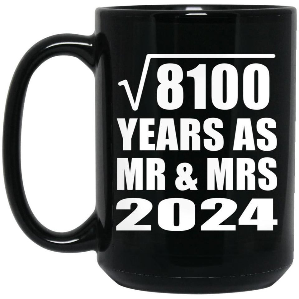 90th Anniversary Square Root of 8100 Years As Mr & Mrs 2024 - 15oz Coffee Mug Black