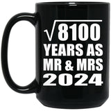 90th Anniversary Square Root of 8100 Years As Mr & Mrs 2024 - 15oz Coffee Mug Black