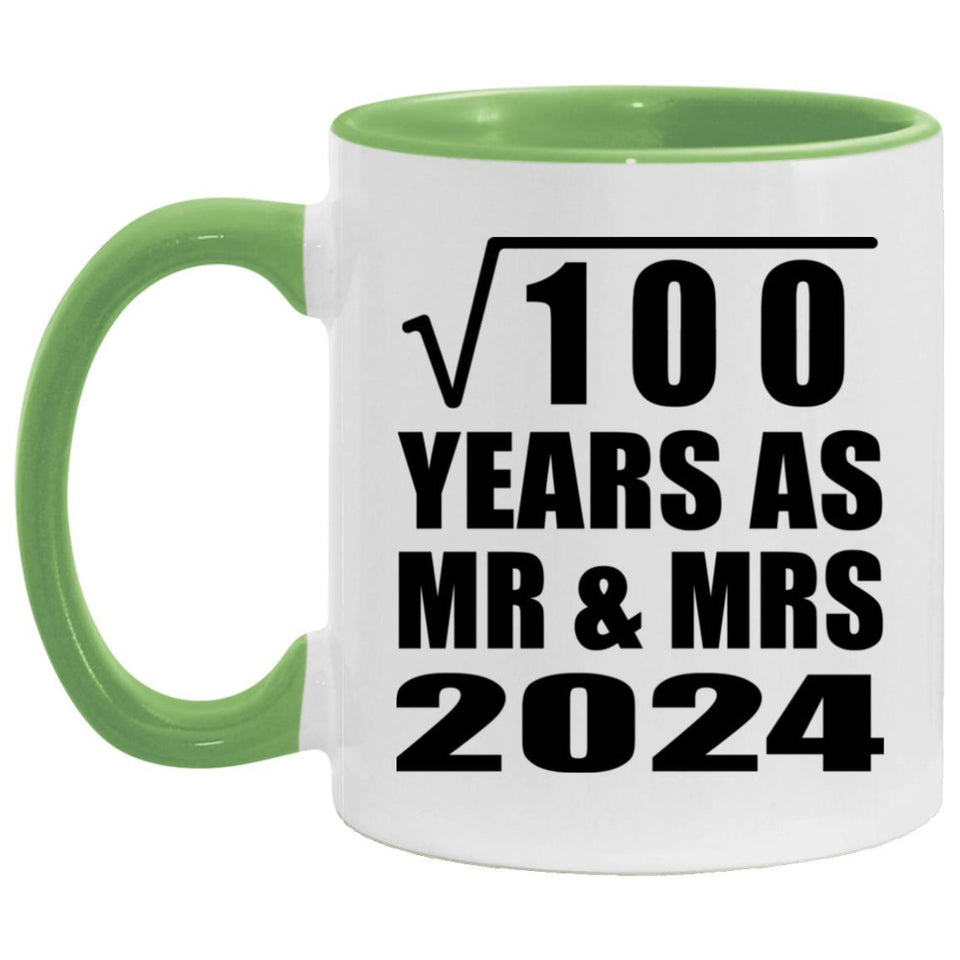 10th Anniversary Square Root of 100 Years As Mr & Mrs 2024 - 11oz Accent Mug Green