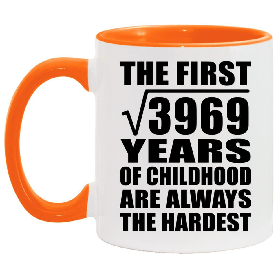 63rd Birthday Square Root of 3969 Years of Childhood - 11oz Accent Mug Orange