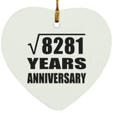 91st Anniversary Square Root of 8281 Years Anniversary - Heart Ornament