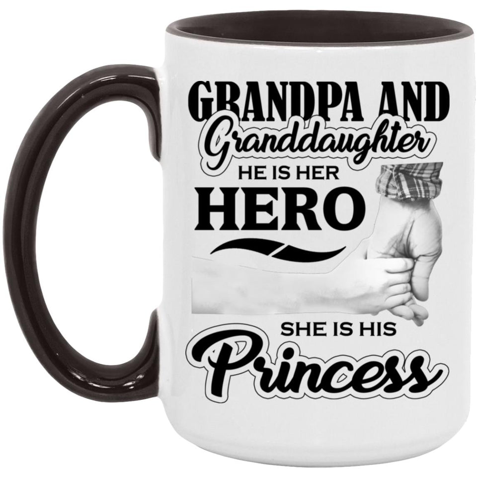 Grandpa & Granddaughter, He is Her Hero, She is His Princess - 15oz Accent Mug Black