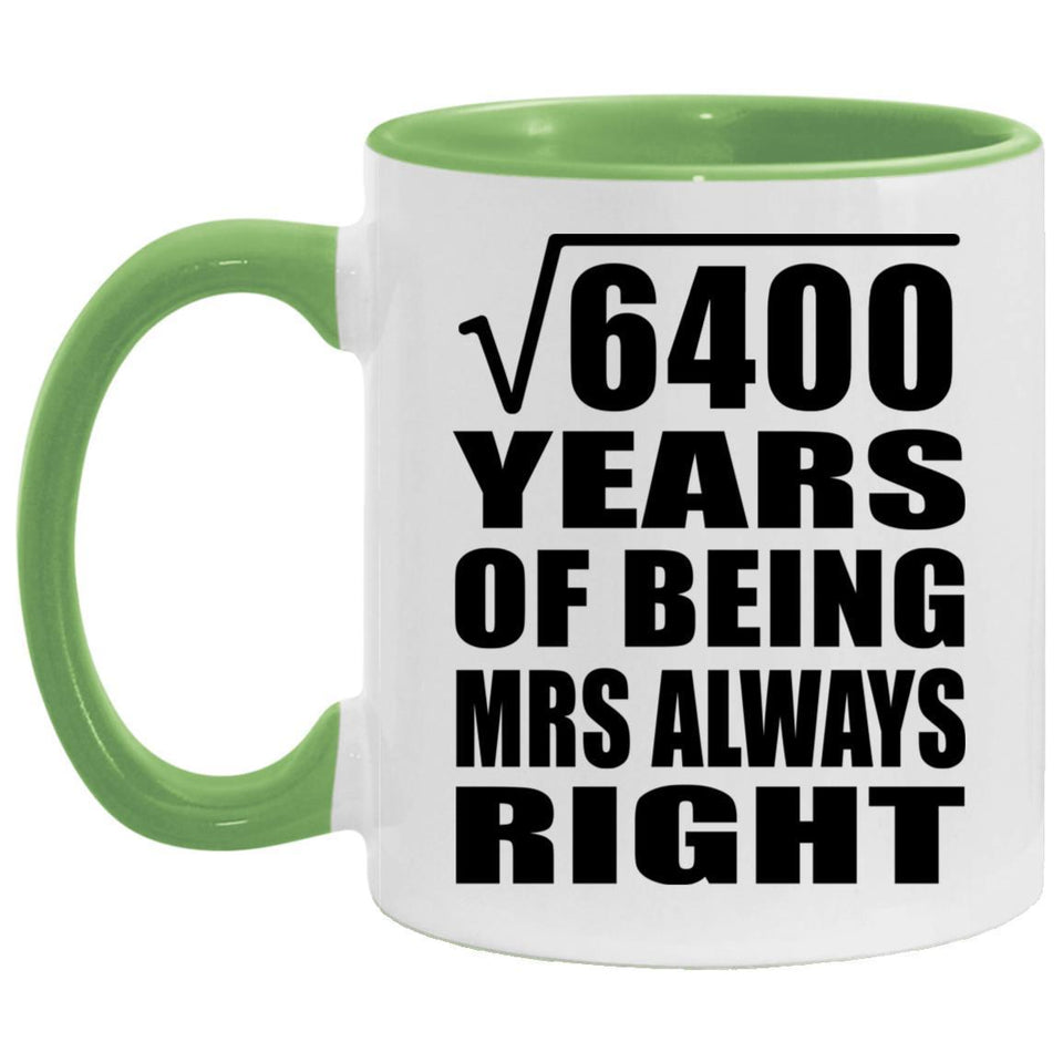 80th Anniversary Square Root of 6400 Years Mrs Always Right - 11oz Accent Mug Green