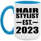 Hair Stylist Established EST. 2023 - 15oz Accent Mug Blue