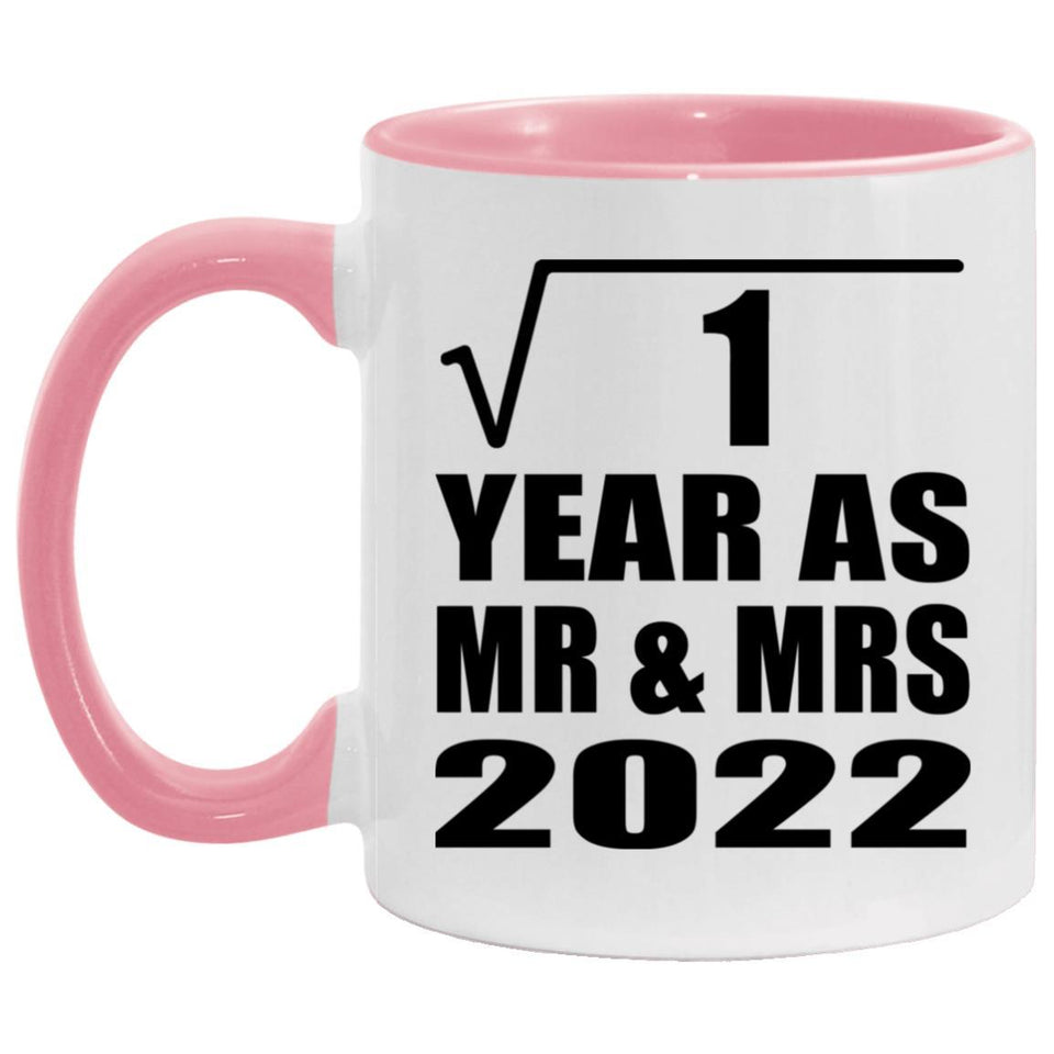1st Anniversary Square Root of 1 Year As Mr & Mrs 2022 - 11oz Accent Mug Pink