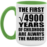 70th Birthday Square Root of 4900 Years of Childhood - 15oz Accent Mug Green