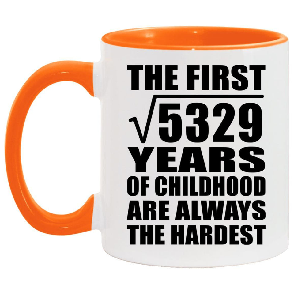 73rd Birthday Square Root of 5329 Years of Childhood - 11oz Accent Mug Orange