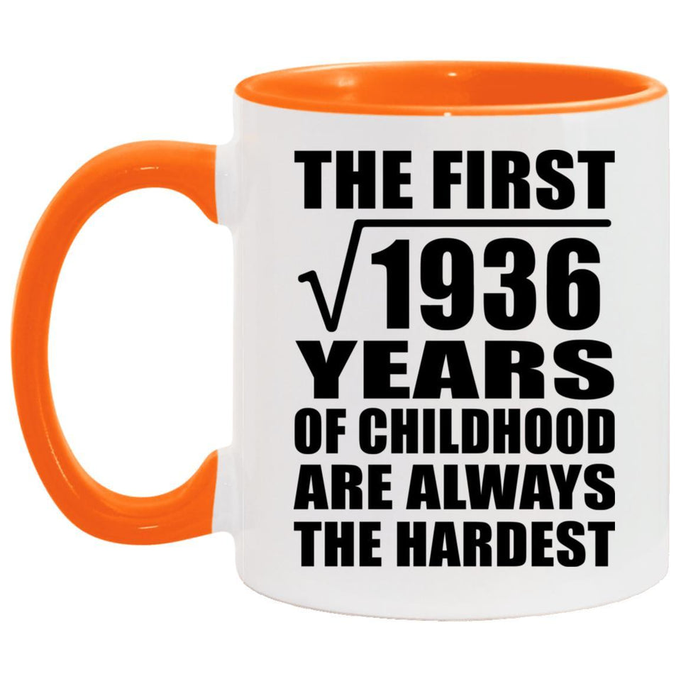 44th Birthday Square Root of 1936 Years of Childhood - 11oz Accent Mug Orange