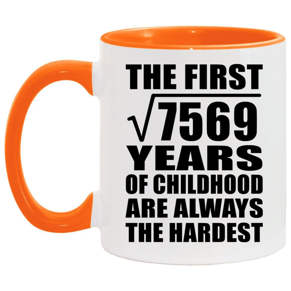 87th Birthday Square Root of 7569 Years of Childhood - 11oz Accent Mug Orange