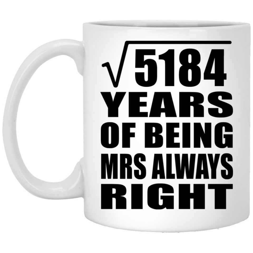 72nd Anniversary Square Root of 5184 Years Mrs Always Right - 11oz Coffee Mug
