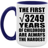 57th Birthday Square Root of 3249 Years of Childhood - 15oz Accent Mug Purple