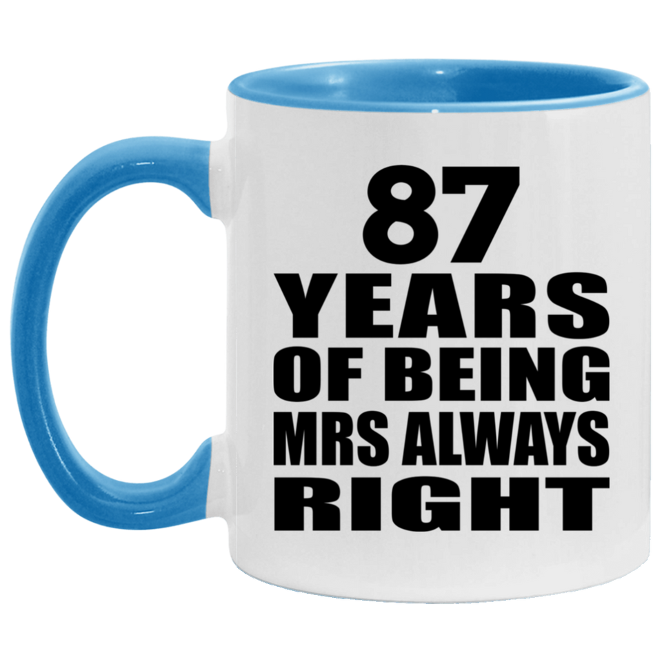 87th Anniversary 87 Years of Being Mrs Always Right - 11oz Accent Mug Blue
