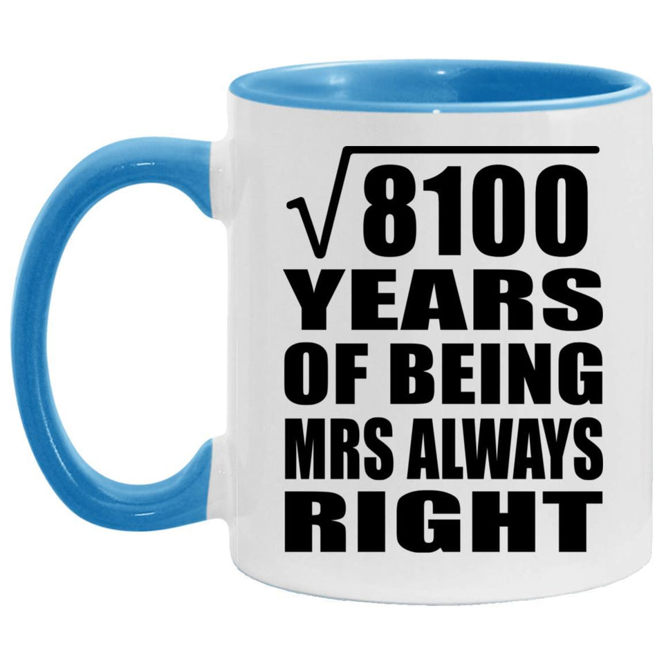 90th Anniversary Square Root of 8100 Years Mrs Always Right - 11oz Accent Mug Blue