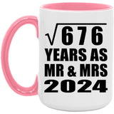 26th Anniversary Square Root of 676 Years As Mr & Mrs 2024 - 15oz Accent Mug Pink