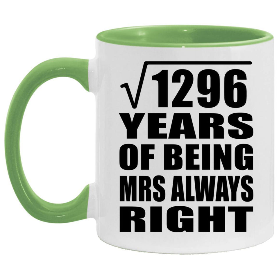 36th Anniversary Square Root of 1296 Years Mrs Always Right - 11oz Accent Mug Green