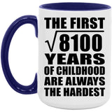 90th Birthday Square Root of 8100 Years of Childhood - 15oz Accent Mug Purple
