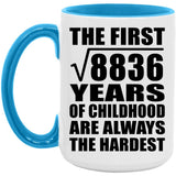 94th Birthday Square Root of 8836 Years of Childhood - 15oz Accent Mug Blue