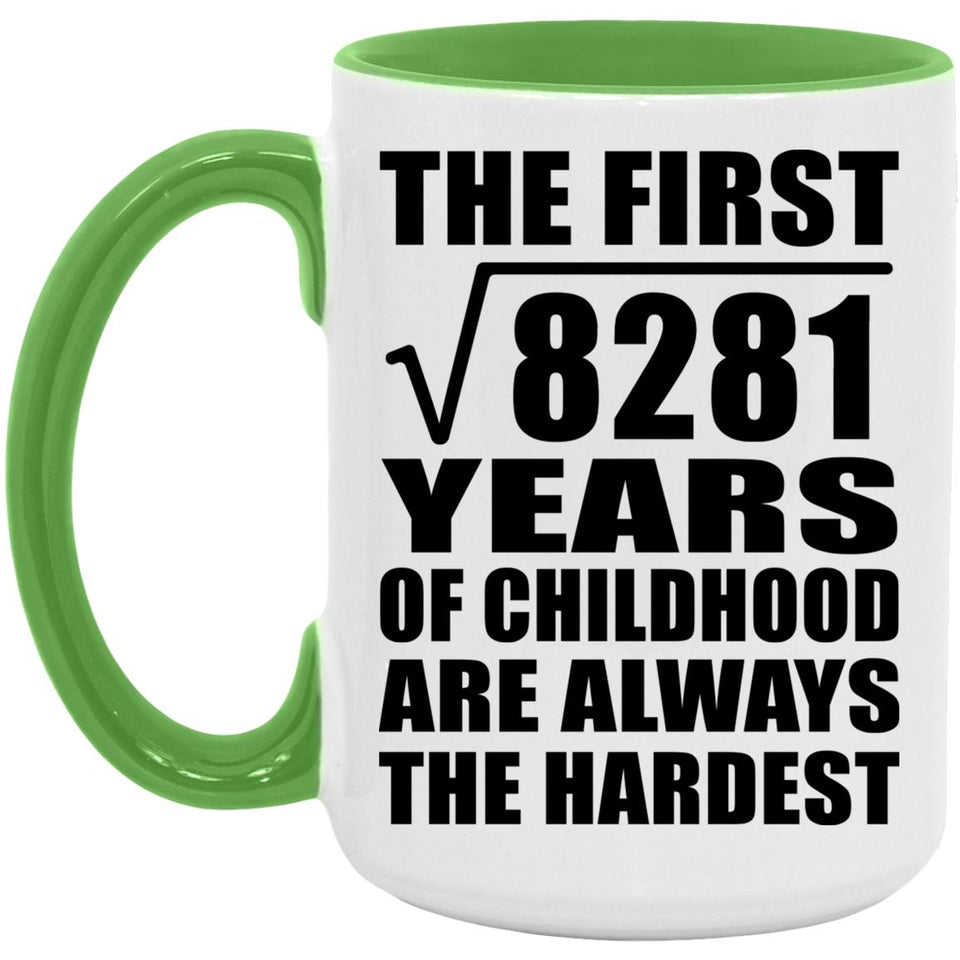 91st Birthday Square Root of 8281 Years of Childhood - 15oz Accent Mug Green