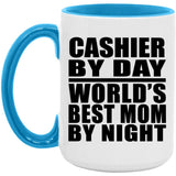Cashier By Day World's Best Mom By Night - 15oz Accent Mug Blue