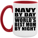 Navy By Day World's Best Mom By Night - 15oz Accent Mug Red