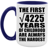 65th Birthday Square Root of 4225 Years of Childhood - 15oz Accent Mug Purple