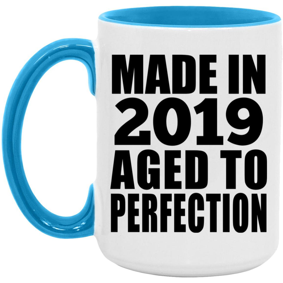 5th Birthday Made In 2019 Aged to Perfection - 15oz Accent Mug Blue