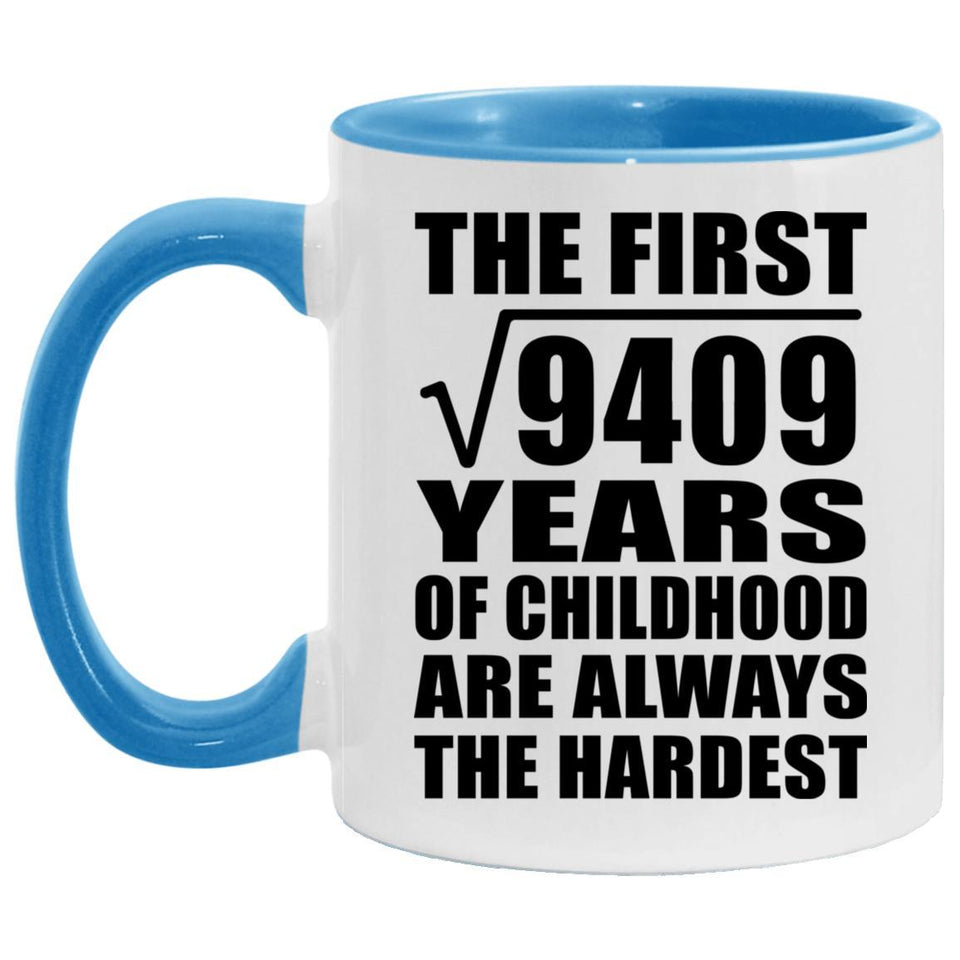 97th Birthday Square Root of 9409 Years of Childhood - 11oz Accent Mug Blue