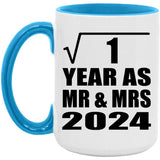 1st Anniversary Square Root of 1 Year As Mr & Mrs 2024 - 15oz Accent Mug Blue