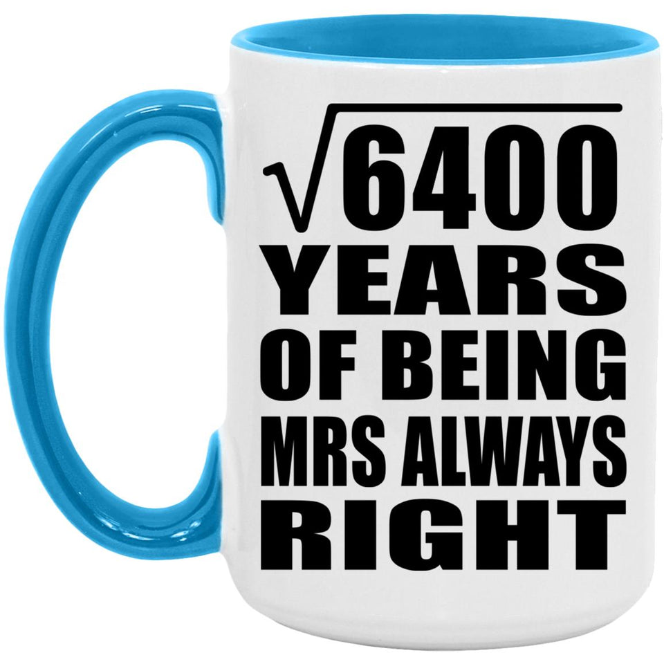 80th Anniversary Square Root of 6400 Years Mrs Always Right - 15oz Accent Mug Blue