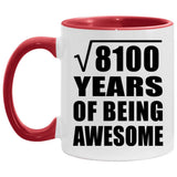 90th Birthday Square Root of 8100 Years of Being Awesome - 11oz Accent Mug Red