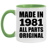 43rd Birthday Made in 1981 All Parts Original - 11oz Accent Mug Green