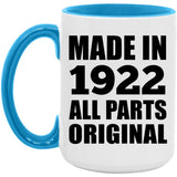 102nd Birthday Made in 1922 All Parts Original - 15oz Accent Mug Blue