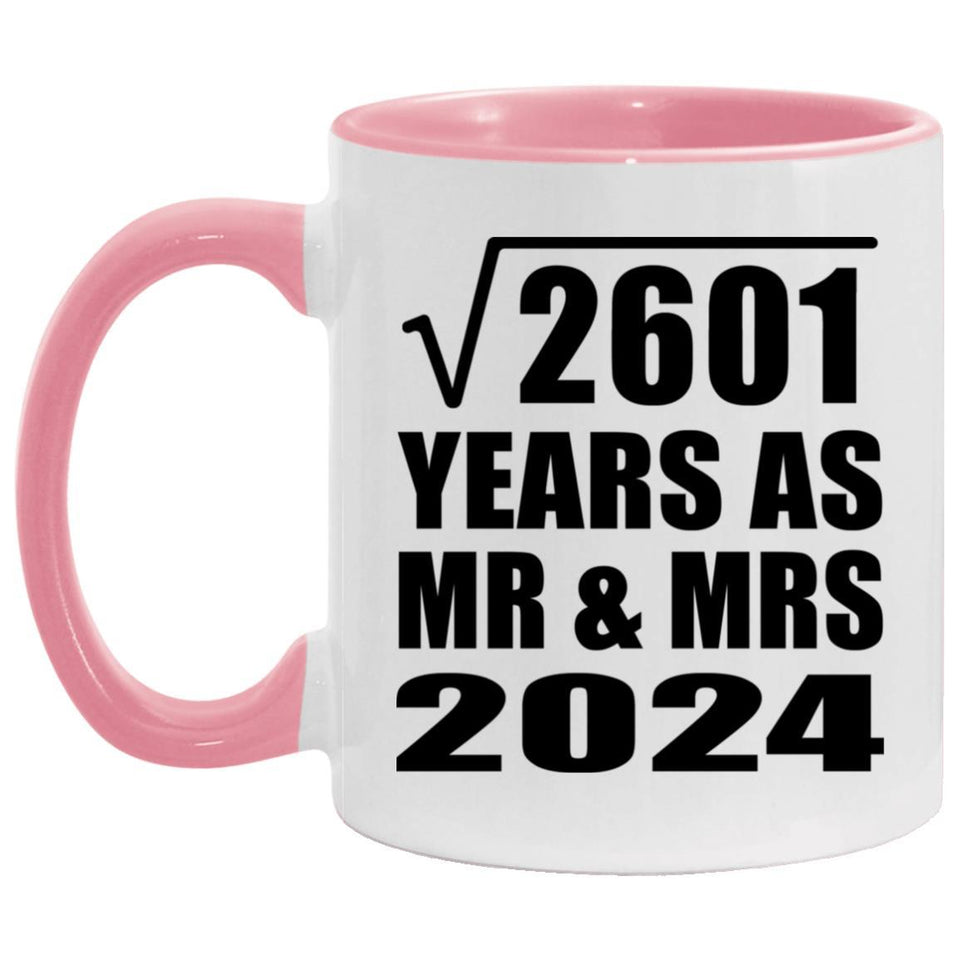 51st Anniversary Square Root of 2601 Years As Mr & Mrs 2024 - 11oz Accent Mug Pink
