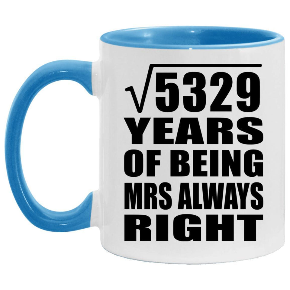 73rd Anniversary Square Root of 5329 Years Mrs Always Right - 11oz Accent Mug Blue