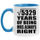 73rd Anniversary Square Root of 5329 Years Mrs Always Right - 11oz Accent Mug Blue
