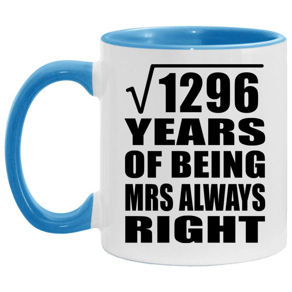 36th Anniversary Square Root of 1296 Years Mrs Always Right - 11oz Accent Mug Blue
