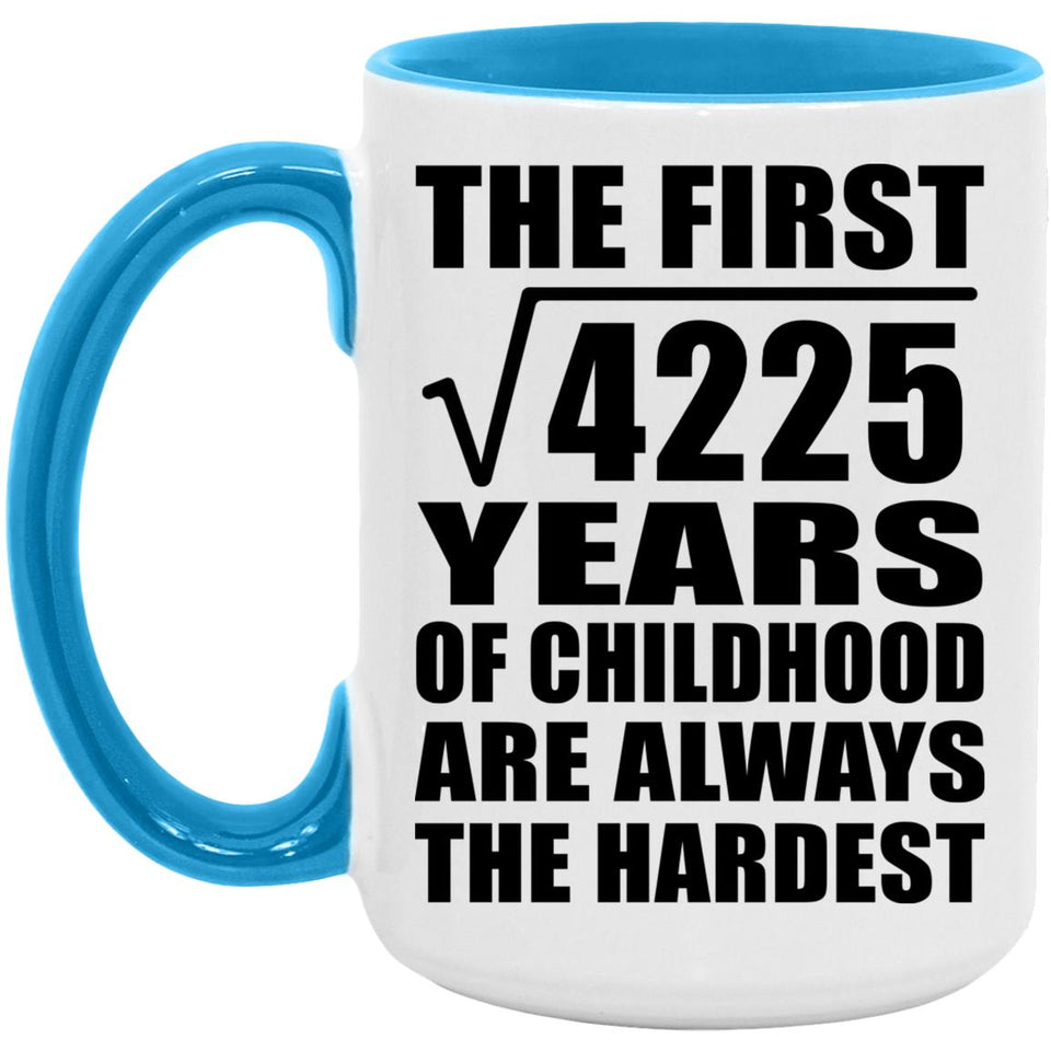 65th Birthday Square Root of 4225 Years of Childhood - 15oz Accent Mug Blue