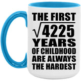 65th Birthday Square Root of 4225 Years of Childhood - 15oz Accent Mug Blue