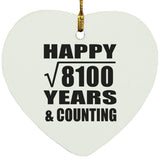 Happy 90th Anniversary Square Root of 8100 Years & Counting - Heart Ornament
