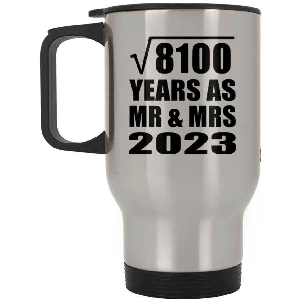 90th Anniversary Square Root of 8100 Years As Mr & Mrs 2023 - Silver Travel Mug