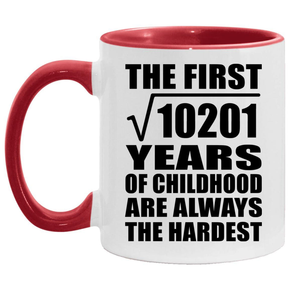 101st Birthday Square Root of 10201 Years of Childhood - 11oz Accent Mug Red