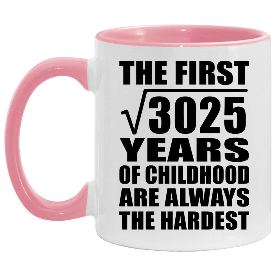 55th Birthday Square Root of 3025 Years of Childhood - 11oz Accent Mug Pink