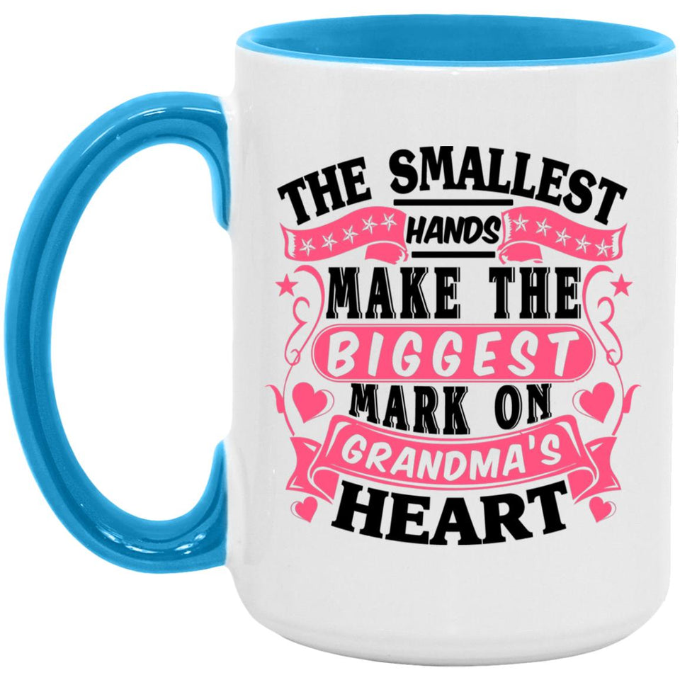 The Smallest Hands Make The Biggest Mark On Grandma's Heart - 15oz Accent Mug Blue