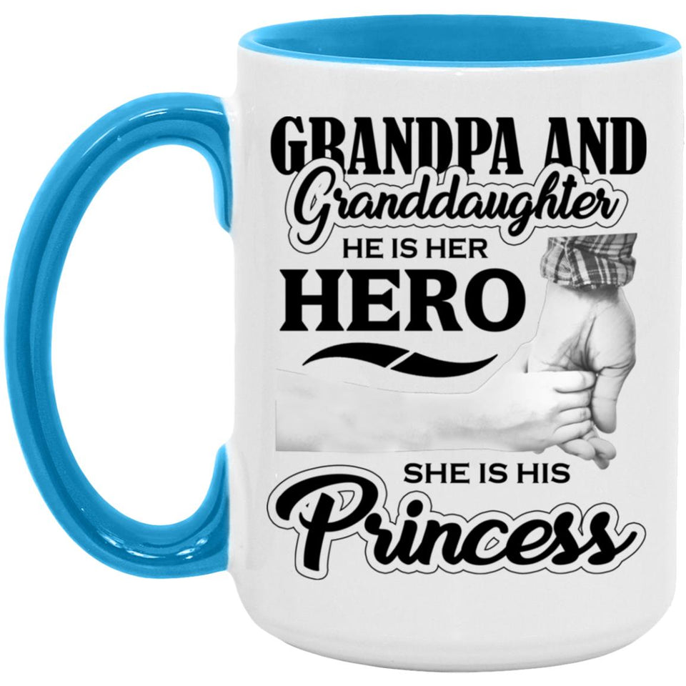 Grandpa & Granddaughter, He is Her Hero, She is His Princess - 15oz Accent Mug Blue