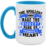 The Smallest Hands Make The Biggest Mark On Grandpa's Heart - 15oz Accent Mug Blue