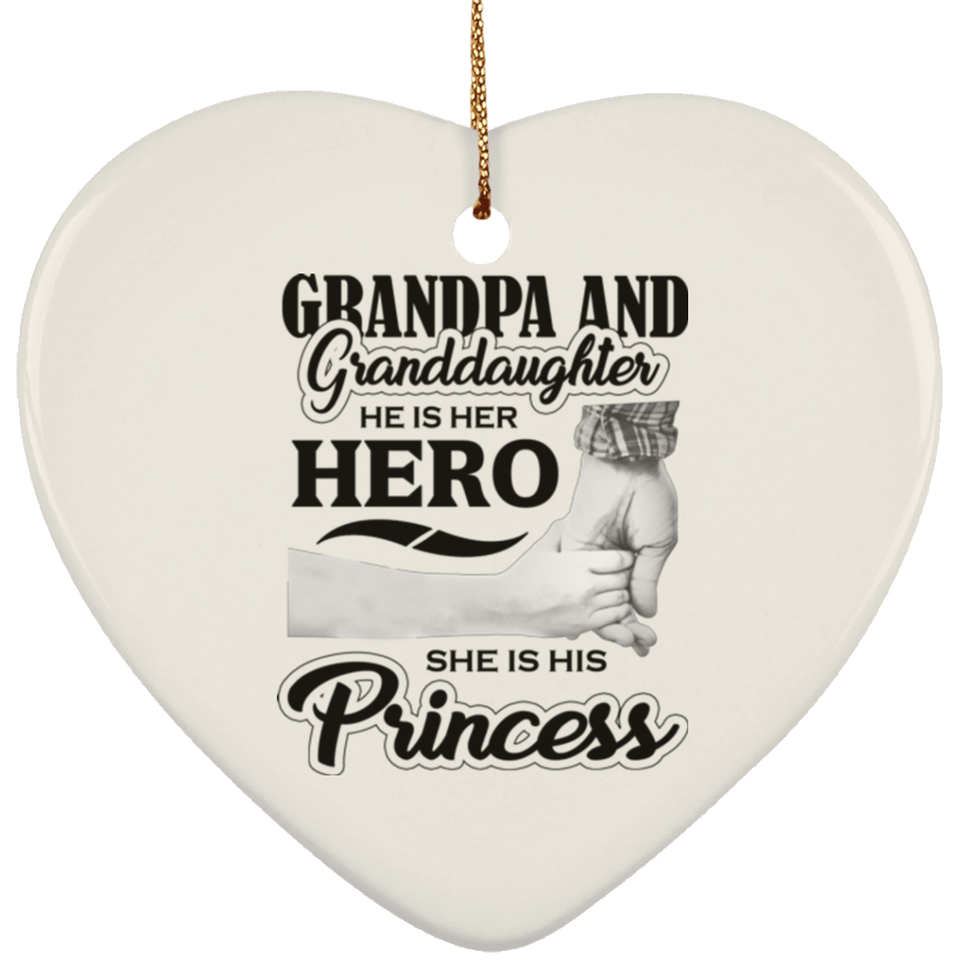 Grandpa & Granddaughter, He is Her Hero, She is His Princess - Heart Ornament