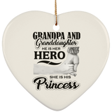 Grandpa & Granddaughter, He is Her Hero, She is His Princess - Heart Ornament