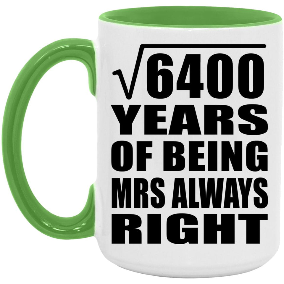 80th Anniversary Square Root of 6400 Years Mrs Always Right - 15oz Accent Mug Green